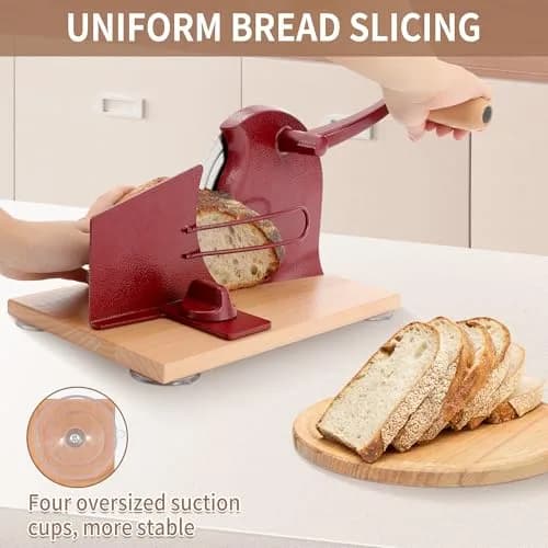 CAWIU Red Manual Sourdough Bread Slicer 16.5cm (6.5 inch) Blade | Adjustable Thickness Cutter with Hand Crank thumbnail 5