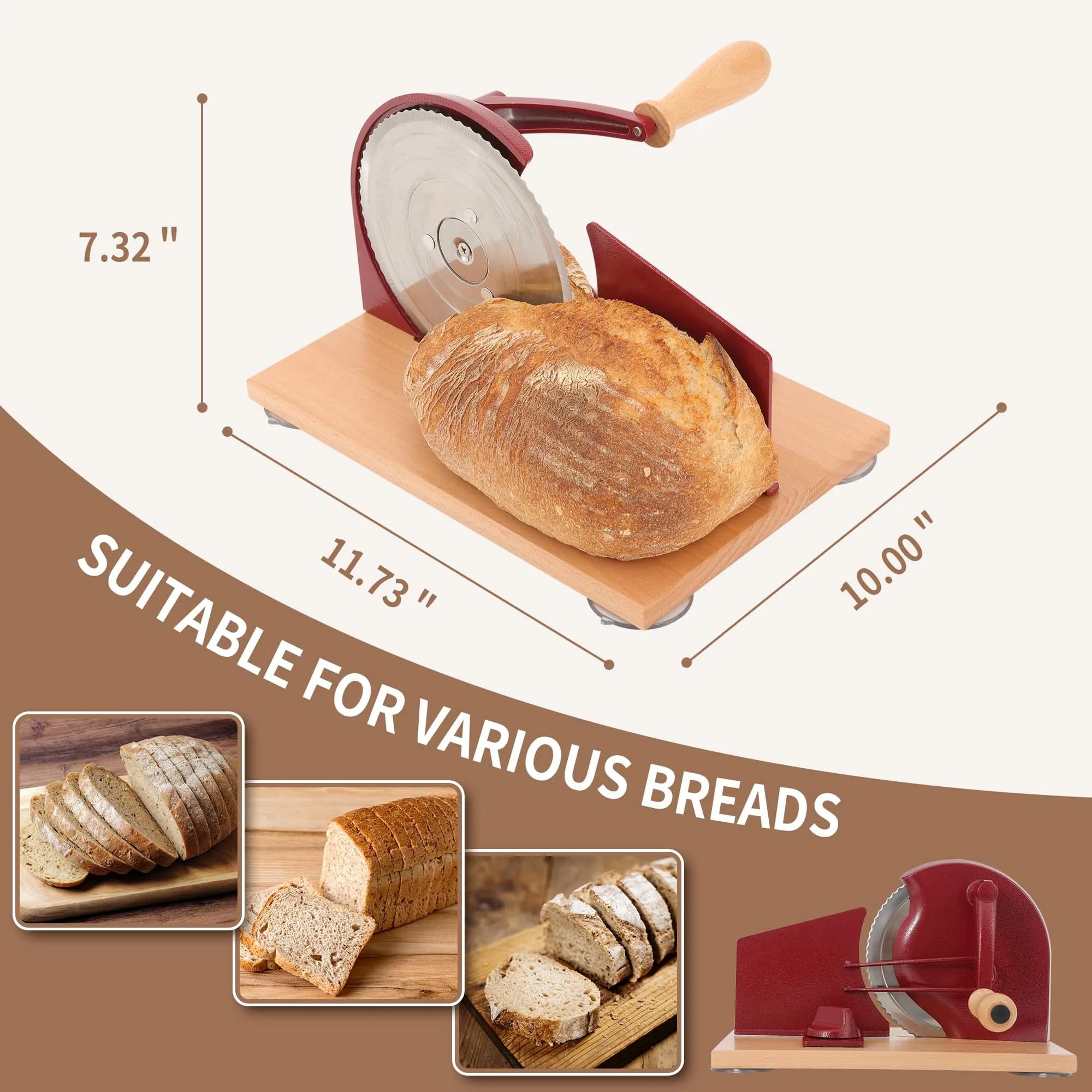 CAWIU Red Manual Sourdough Bread Slicer 16.5cm (6.5 inch) Blade | Adjustable Thickness Cutter with Hand Crank - view 6