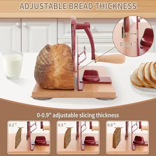 CAWIU Red Manual Sourdough Bread Slicer 16.5cm (6.5 inch) Blade | Adjustable Thickness Cutter with Hand Crank thumbnail 2