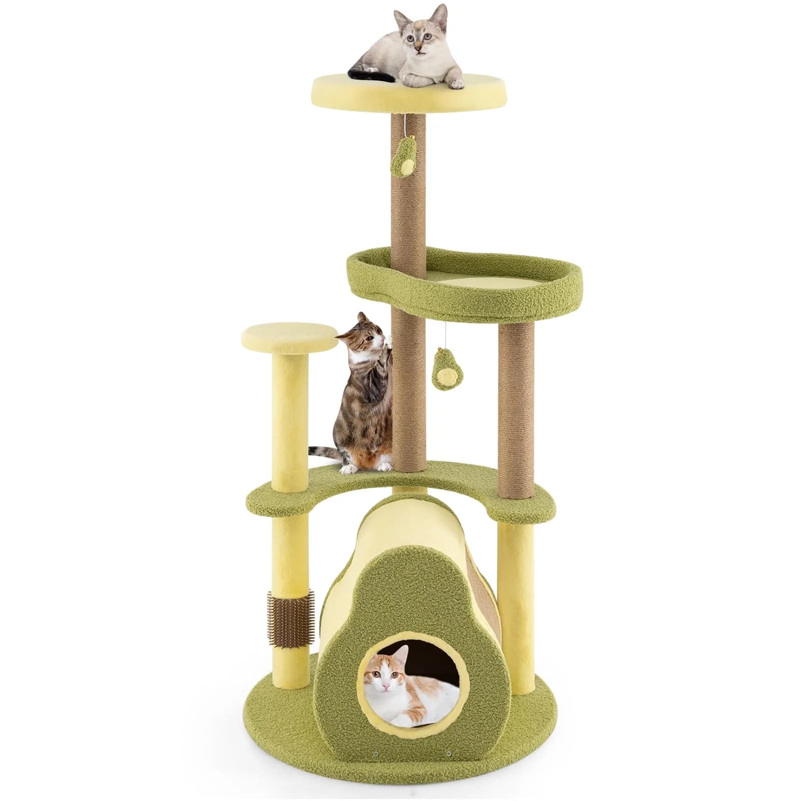 PETSITE 49-inch Avocado-Themed Cat Tree, Multi-Level Modern Cat Tower with Jute Scratching Posts, Cat Condo, Self Groomer Brush, and Dangling Toys for Indoor Cats