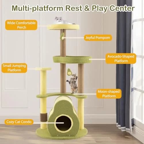 PETSITE 49-inch Avocado-Themed Cat Tree, Multi-Level Modern Cat Tower with Jute Scratching Posts, Cat Condo, Self Groomer Brush, and Dangling Toys for Indoor Cats thumbnail 4