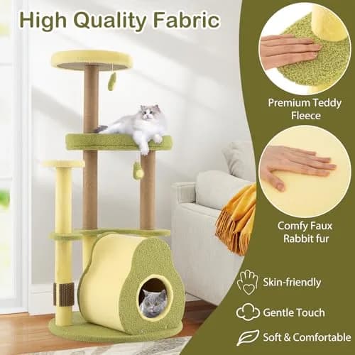 PETSITE 49-inch Avocado-Themed Cat Tree, Multi-Level Modern Cat Tower with Jute Scratching Posts, Cat Condo, Self Groomer Brush, and Dangling Toys for Indoor Cats thumbnail 5