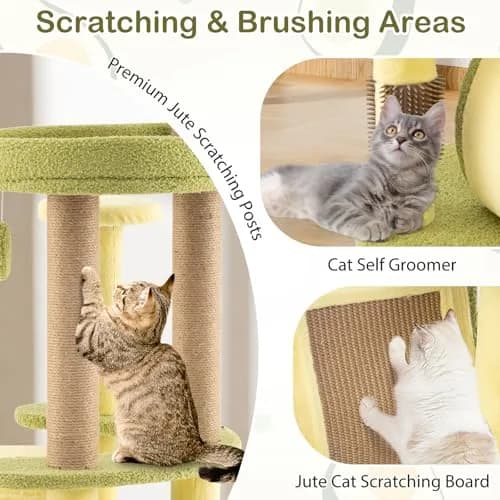 PETSITE 49-inch Avocado-Themed Cat Tree, Multi-Level Modern Cat Tower with Jute Scratching Posts, Cat Condo, Self Groomer Brush, and Dangling Toys for Indoor Cats thumbnail 6