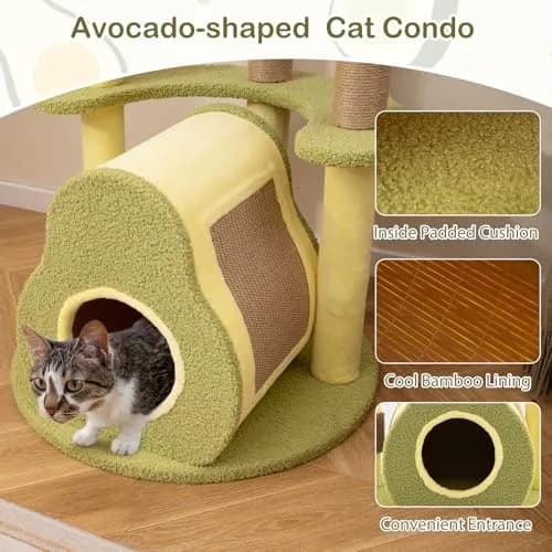 PETSITE 49-inch Avocado-Themed Cat Tree, Multi-Level Modern Cat Tower with Jute Scratching Posts, Cat Condo, Self Groomer Brush, and Dangling Toys for Indoor Cats thumbnail 7