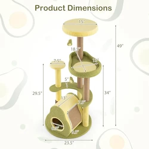 PETSITE 49-inch Avocado-Themed Cat Tree, Multi-Level Modern Cat Tower with Jute Scratching Posts, Cat Condo, Self Groomer Brush, and Dangling Toys for Indoor Cats thumbnail 3