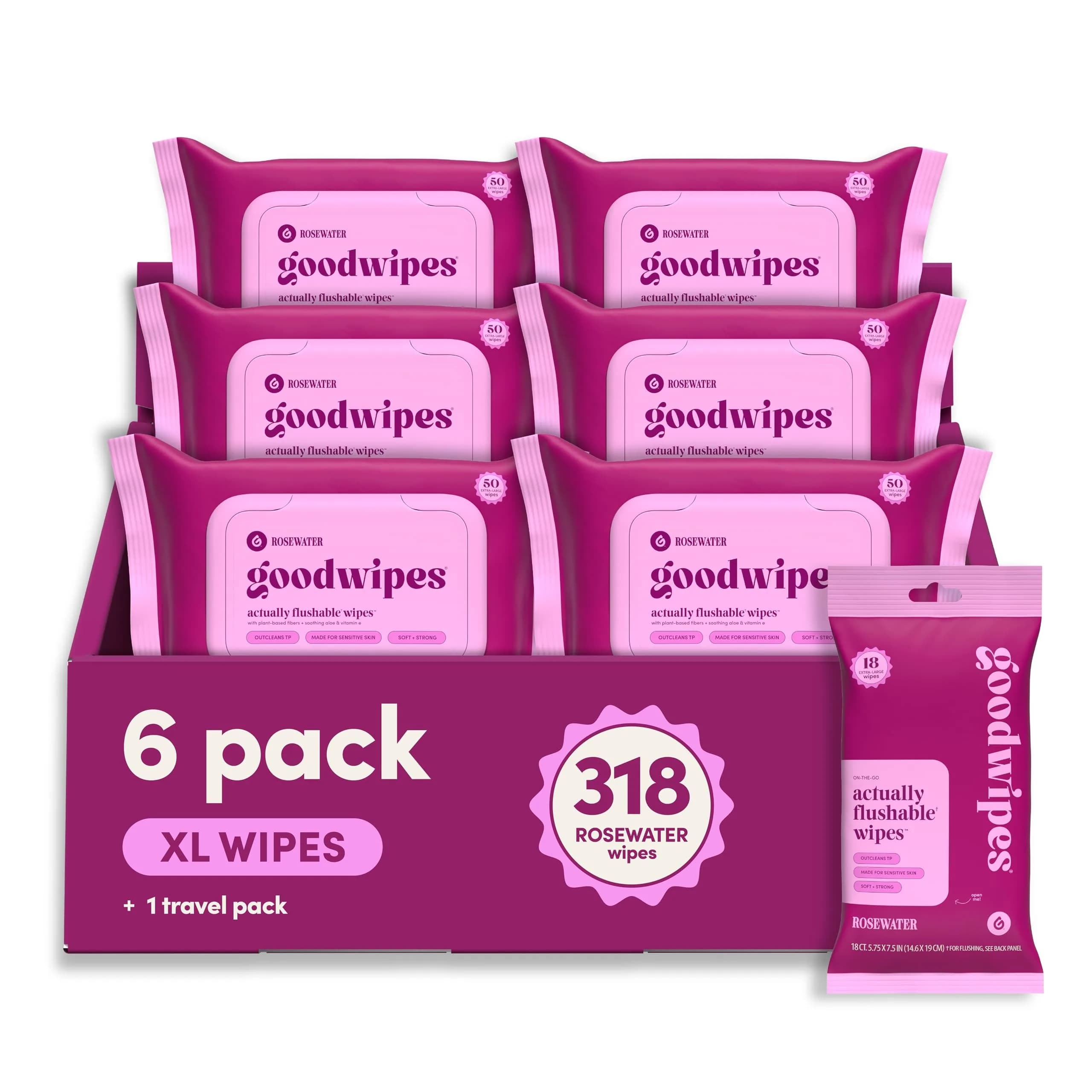 goodwipes Flushable Wipes Rose Scent 50 Count (Pack of 6) | Septic Safe & Biodegradable Wet Wipes for Adults — Rose