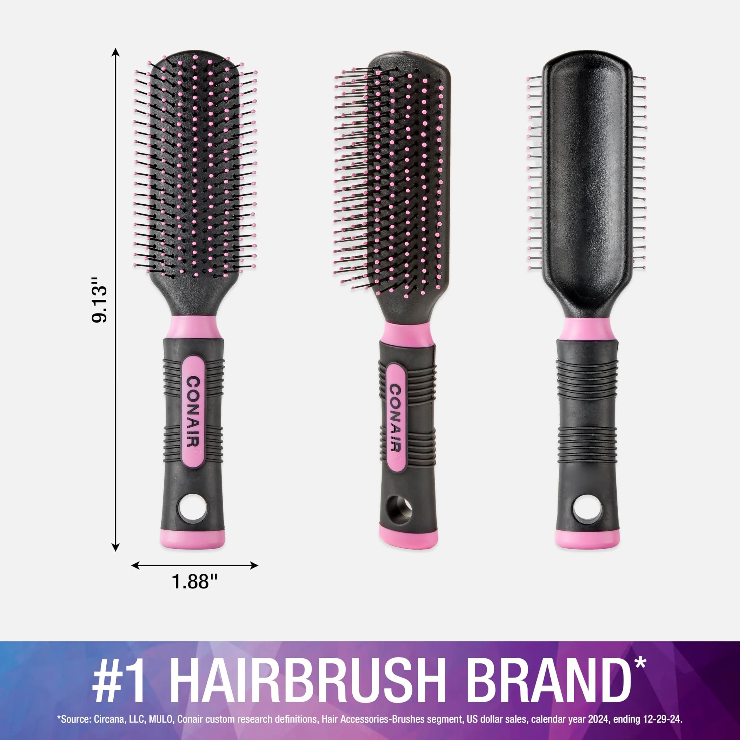 Conair Velvet Touch Cushion Brush - Detangling Hair Brush for All Hair Types - Nylon Bristles - Pink/Black - view 2