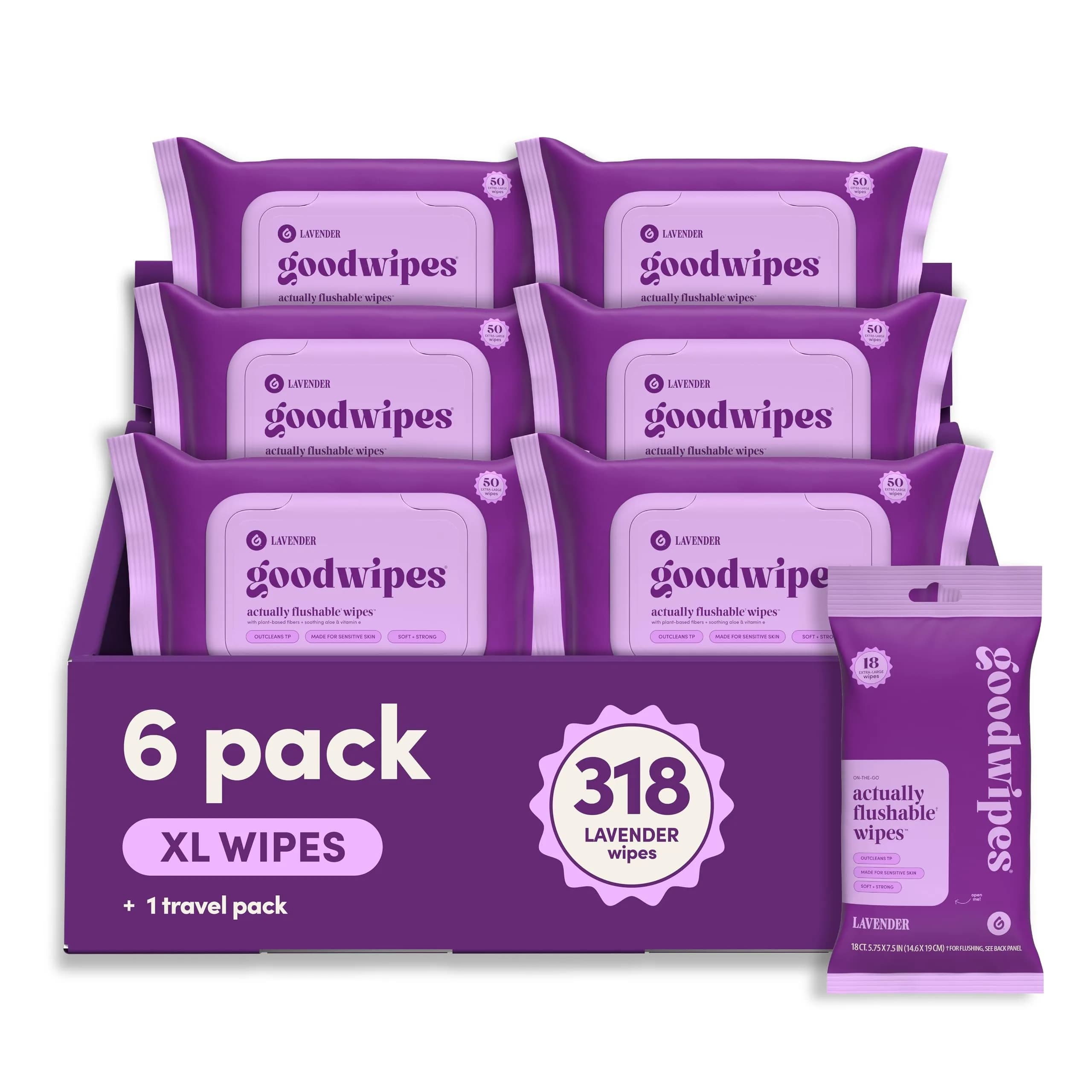 goodwipes Flushable Wipes Lavender Scent 300 Count (6 x 50 Count Packs) | Septic Safe & Biodegradable