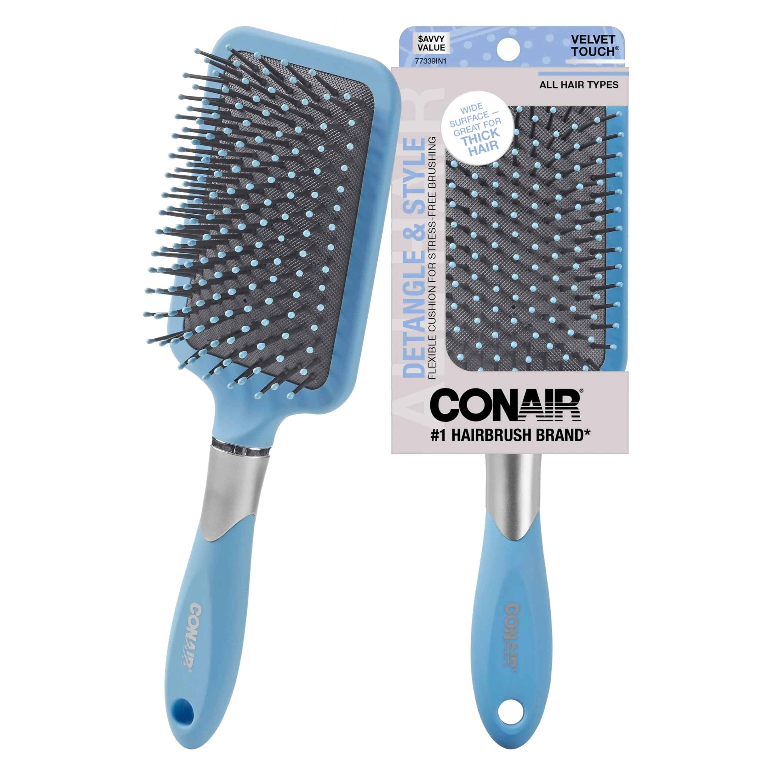 Conair Velvet Touch Paddle Cushion Hair Brush - Detangling Brush for Thick Hair - Sky Blue (1 Count) - main product image