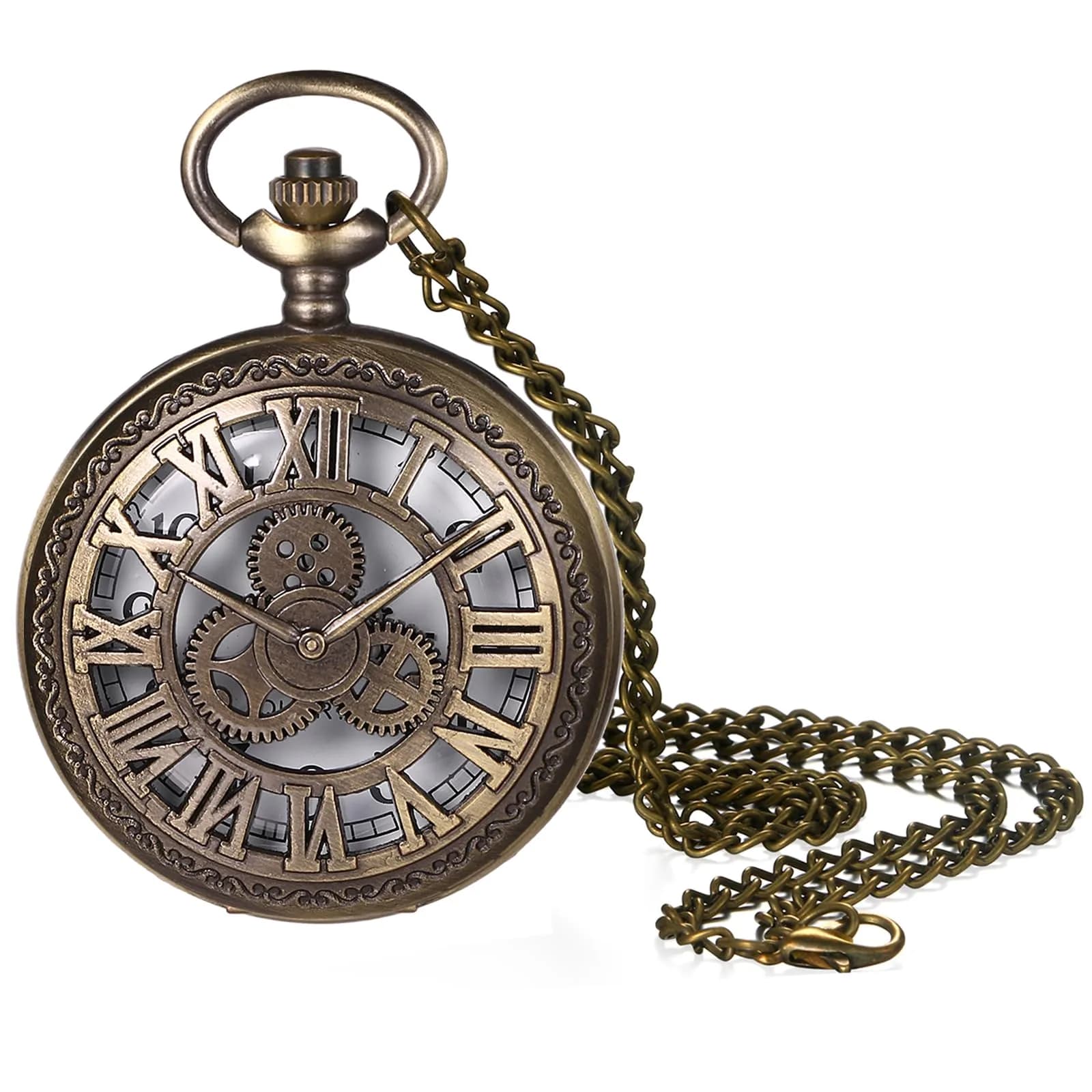 JewelryWe Vintage Quartz Pocket Watch Unisex Bronze 1.81 inch | Classic Gear Design for Father's Day
