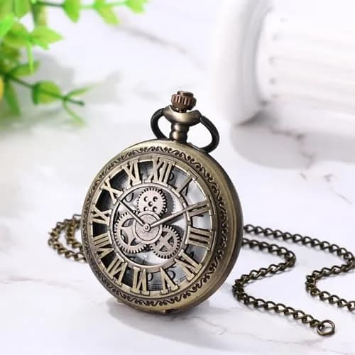 JewelryWe Vintage Quartz Pocket Watch Unisex Bronze 1.81 inch | Classic Gear Design for Father's Day thumbnail 3