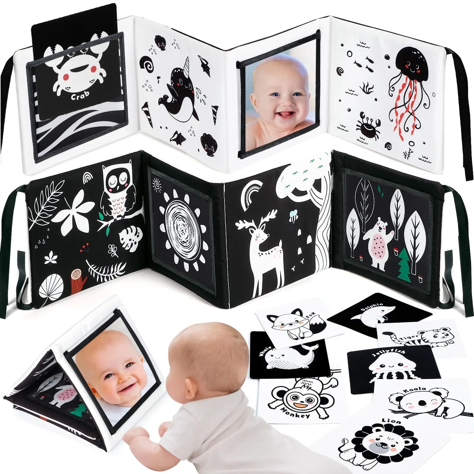 URMYWO Tummy Time Mirror Toys, Visual Stimulation Learning Cards & Soft Baby Book | Black & White, 68cm x 16cm - main product image
