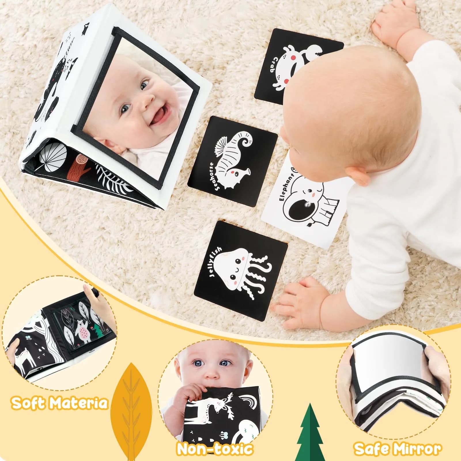 URMYWO Tummy Time Mirror Toys, Visual Stimulation Learning Cards & Soft Baby Book | Black & White, 68cm x 16cm - view 5