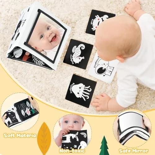 URMYWO Tummy Time Mirror Toys, Visual Stimulation Learning Cards & Soft Baby Book | Black & White, 68cm x 16cm thumbnail 5