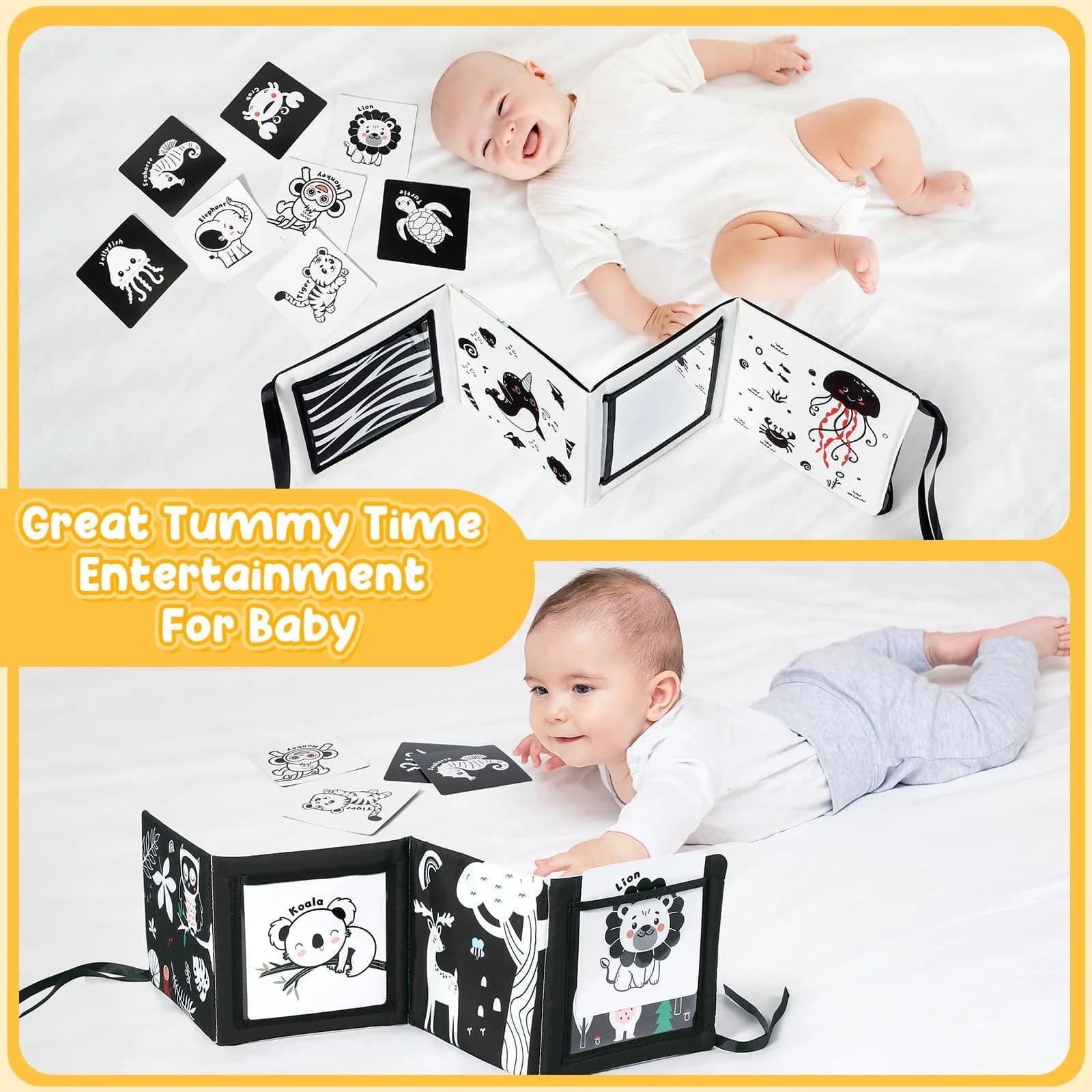 URMYWO Tummy Time Mirror Toys, Visual Stimulation Learning Cards & Soft Baby Book | Black & White, 68cm x 16cm - view 6