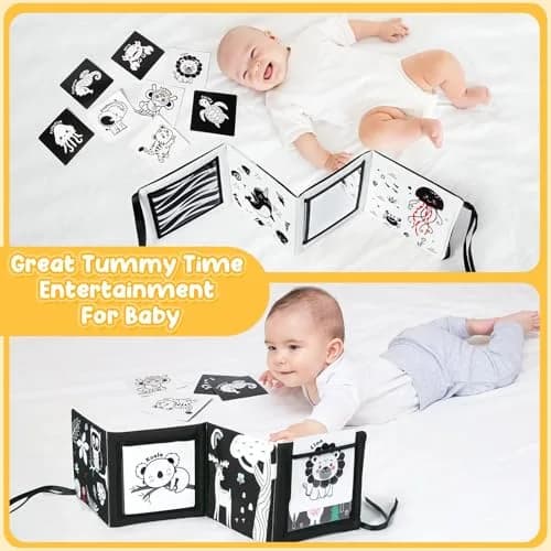 URMYWO Tummy Time Mirror Toys, Visual Stimulation Learning Cards & Soft Baby Book | Black & White, 68cm x 16cm thumbnail 6