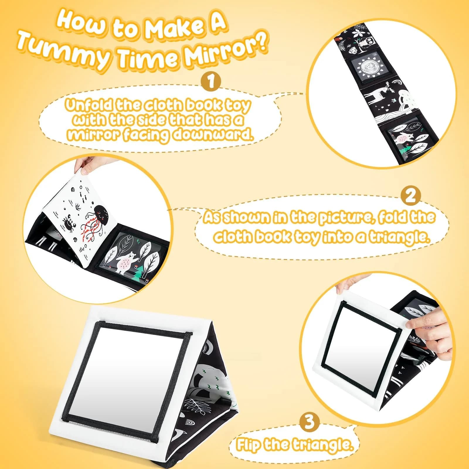 URMYWO Tummy Time Mirror Toys, Visual Stimulation Learning Cards & Soft Baby Book | Black & White, 68cm x 16cm - view 7