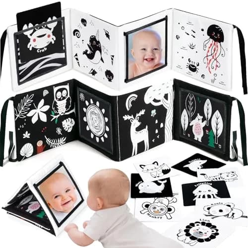 URMYWO Tummy Time Mirror Toys, Visual Stimulation Learning Cards & Soft Baby Book | Black & White, 68cm x 16cm thumbnail 1
