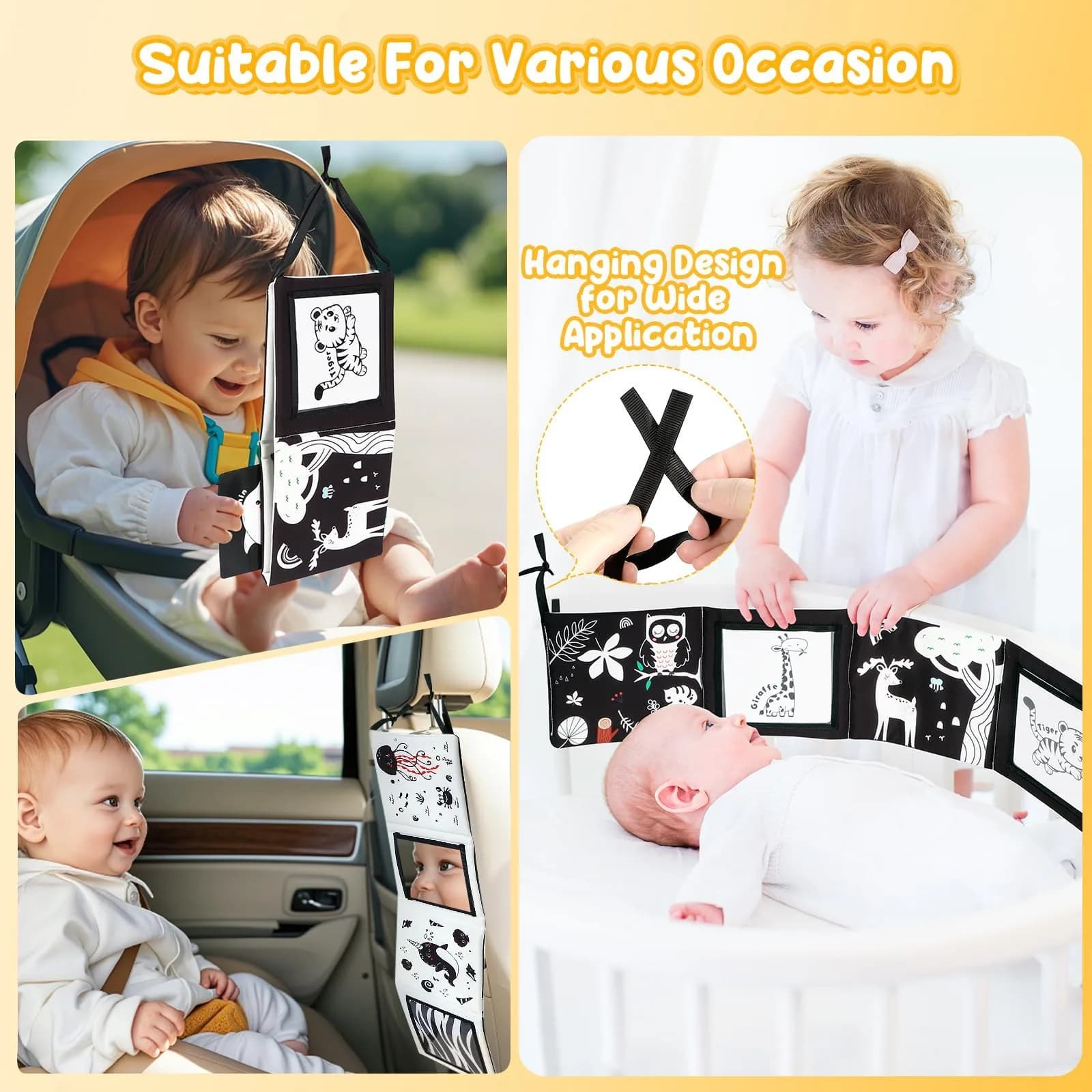 URMYWO Tummy Time Mirror Toys, Visual Stimulation Learning Cards & Soft Baby Book | Black & White, 68cm x 16cm - view 8