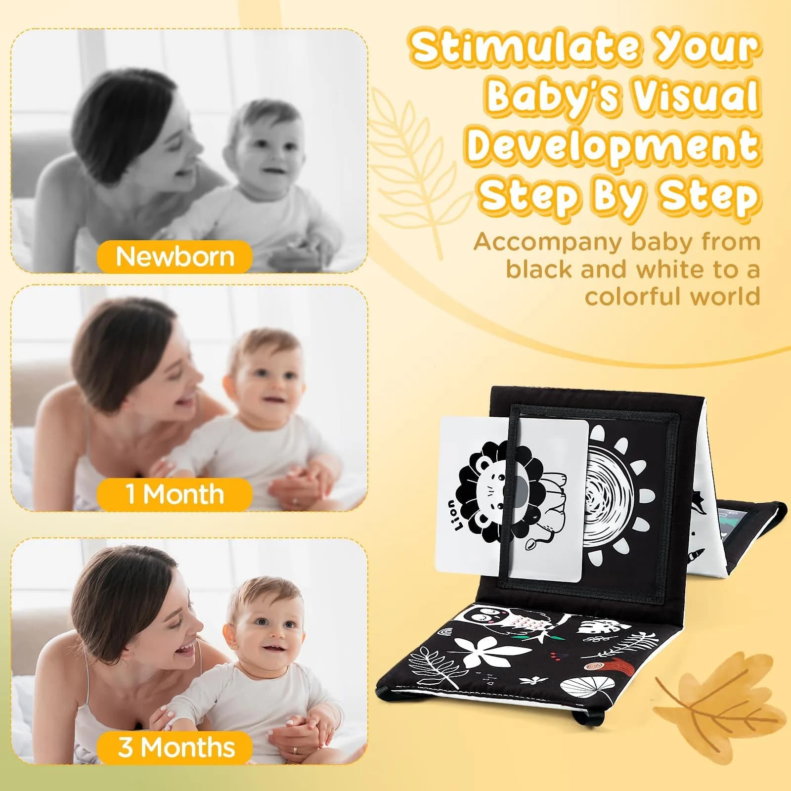 URMYWO Tummy Time Mirror Toys, Visual Stimulation Learning Cards & Soft Baby Book | Black & White, 68cm x 16cm - view 2