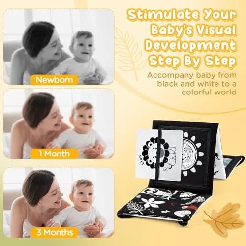 URMYWO Tummy Time Mirror Toys, Visual Stimulation Learning Cards & Soft Baby Book | Black & White, 68cm x 16cm thumbnail 2