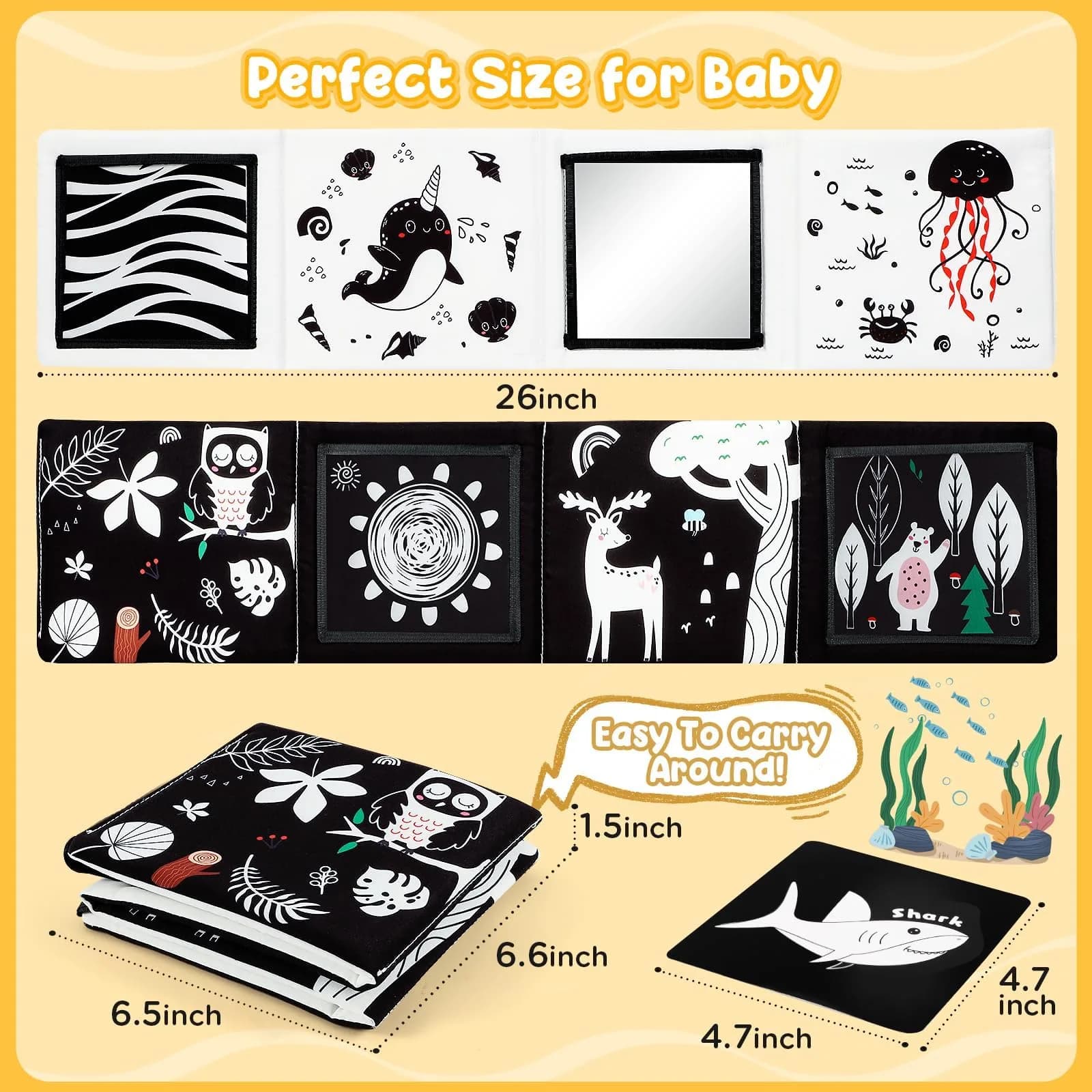 URMYWO Tummy Time Mirror Toys, Visual Stimulation Learning Cards & Soft Baby Book | Black & White, 68cm x 16cm - view 3