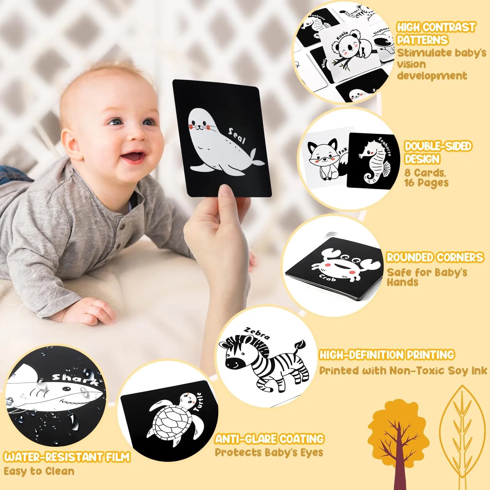 URMYWO Tummy Time Mirror Toys, Visual Stimulation Learning Cards & Soft Baby Book | Black & White, 68cm x 16cm - view 4