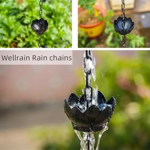 Wellrain Black Lotus Rain Chain 2.59 m (8.5 FT) with 12 Cups | Decorative Gutter Downspout Replacement for Gardens & Patios thumbnail 4