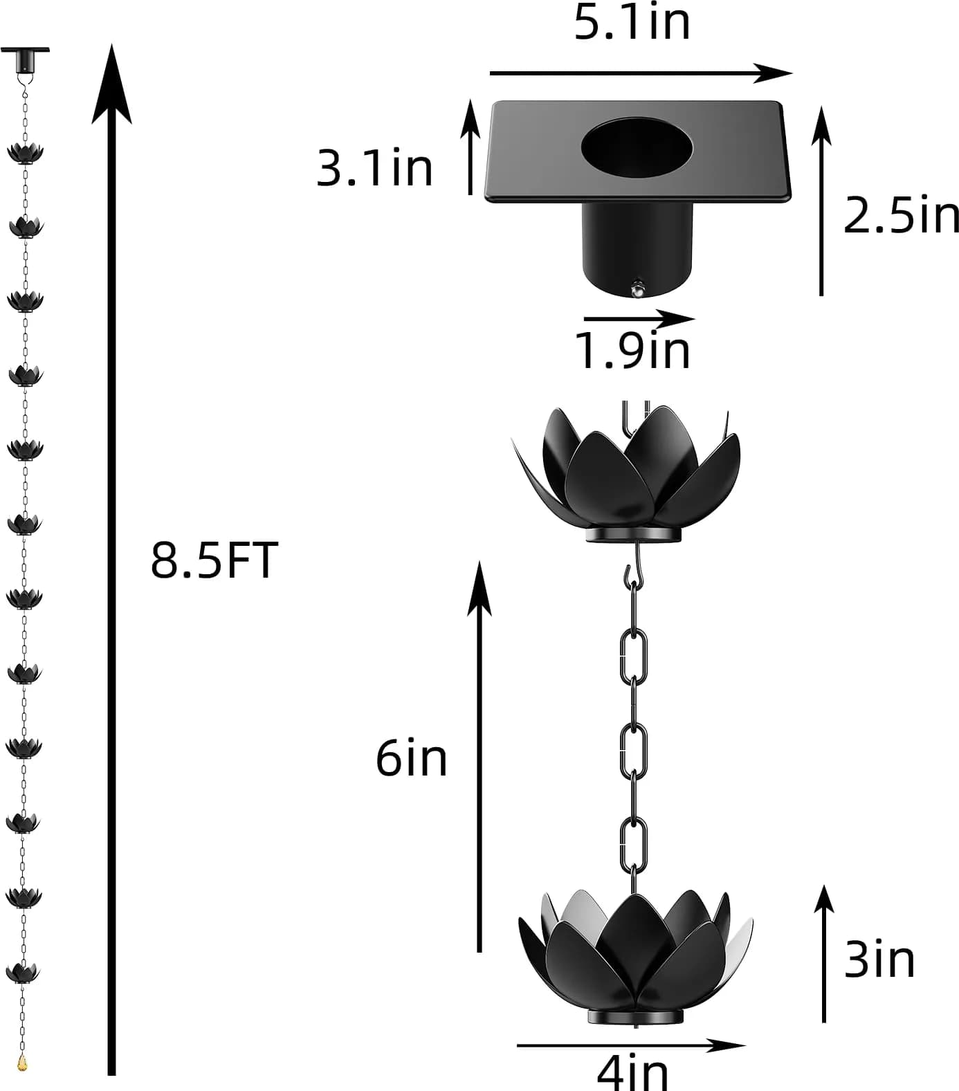 Wellrain Black Lotus Rain Chain 2.59 m (8.5 FT) with 12 Cups | Decorative Gutter Downspout Replacement for Gardens & Patios - view 6