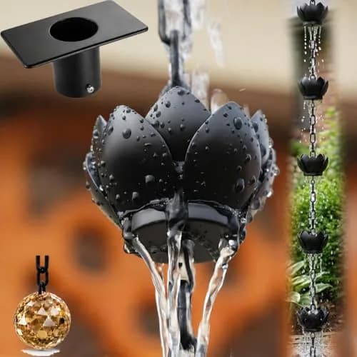 Wellrain Black Lotus Rain Chain 2.59 m (8.5 FT) with 12 Cups | Decorative Gutter Downspout Replacement for Gardens & Patios thumbnail 1