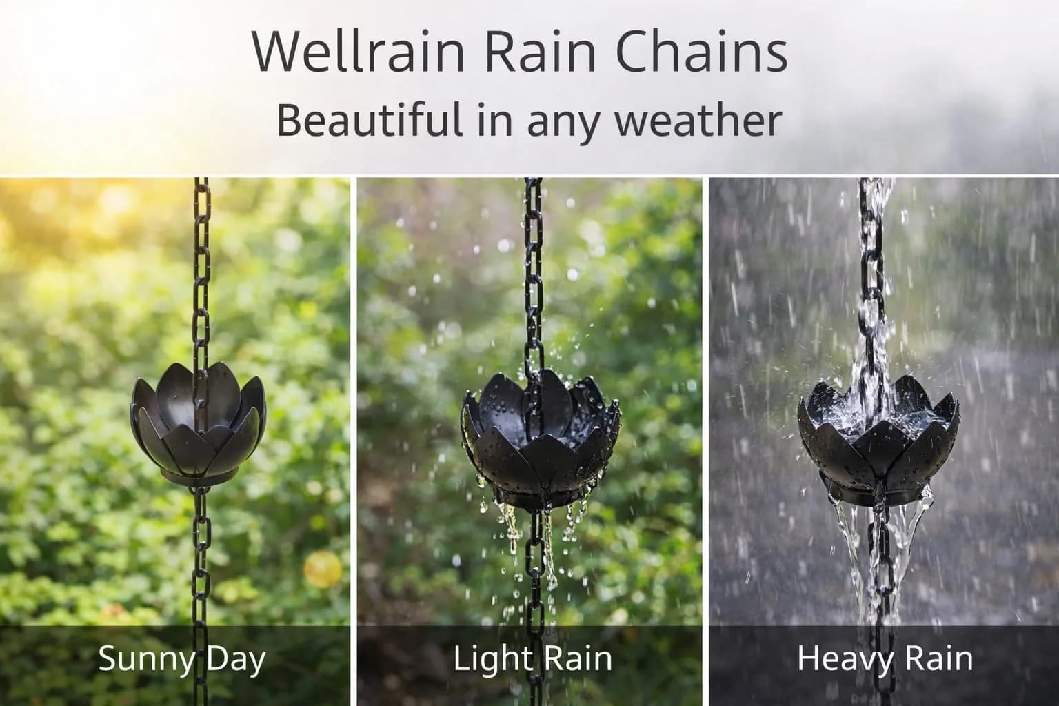 Wellrain Black Lotus Rain Chain 2.59 m (8.5 FT) with 12 Cups | Decorative Gutter Downspout Replacement for Gardens & Patios - view 2