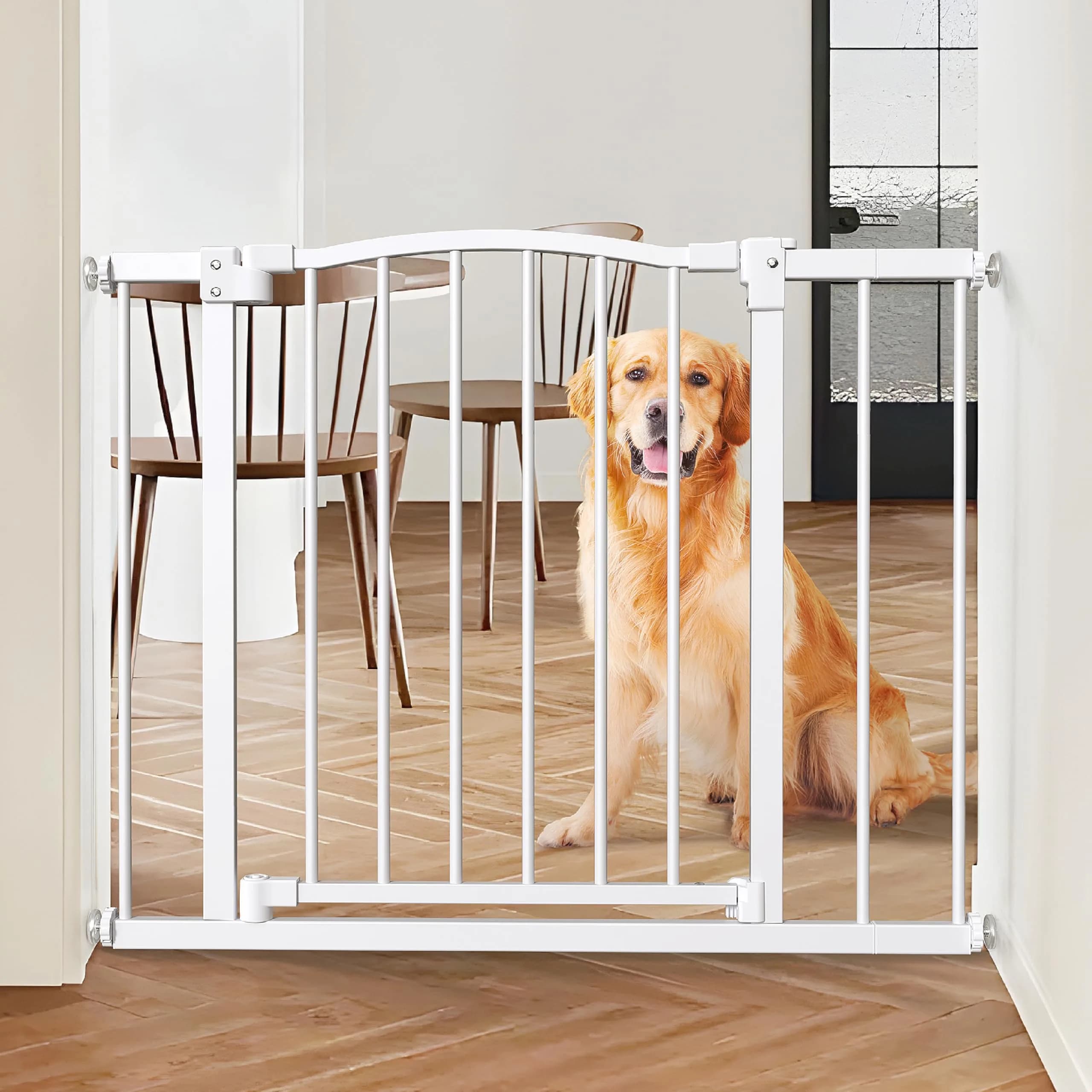 PETS TUFF Dog Gate 28" Tall, Self-Closing Steel Door & Child Lock | Wall-Friendly, Fits Most Doorways & Stairs