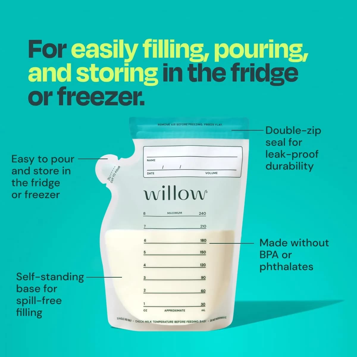 Willow 8oz Breast Milk Storage Bags (100-Pack) | Double Zip Seal, Freezer Safe, BPA-Free - view 2