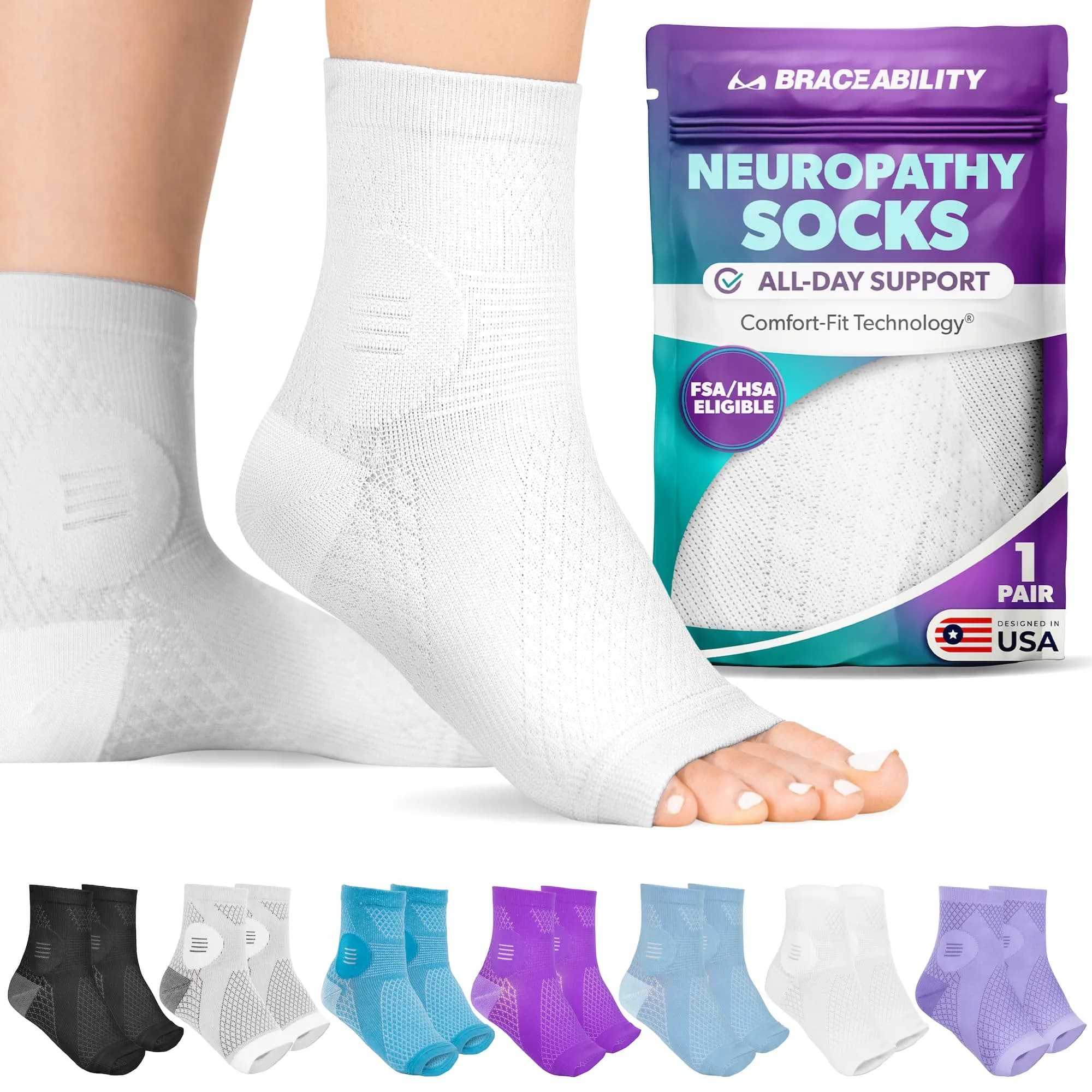 BraceAbility Large White Neuropathy Socks - 1 Pair | FDA Approved Medical Compression for Nerve Pain - main product image