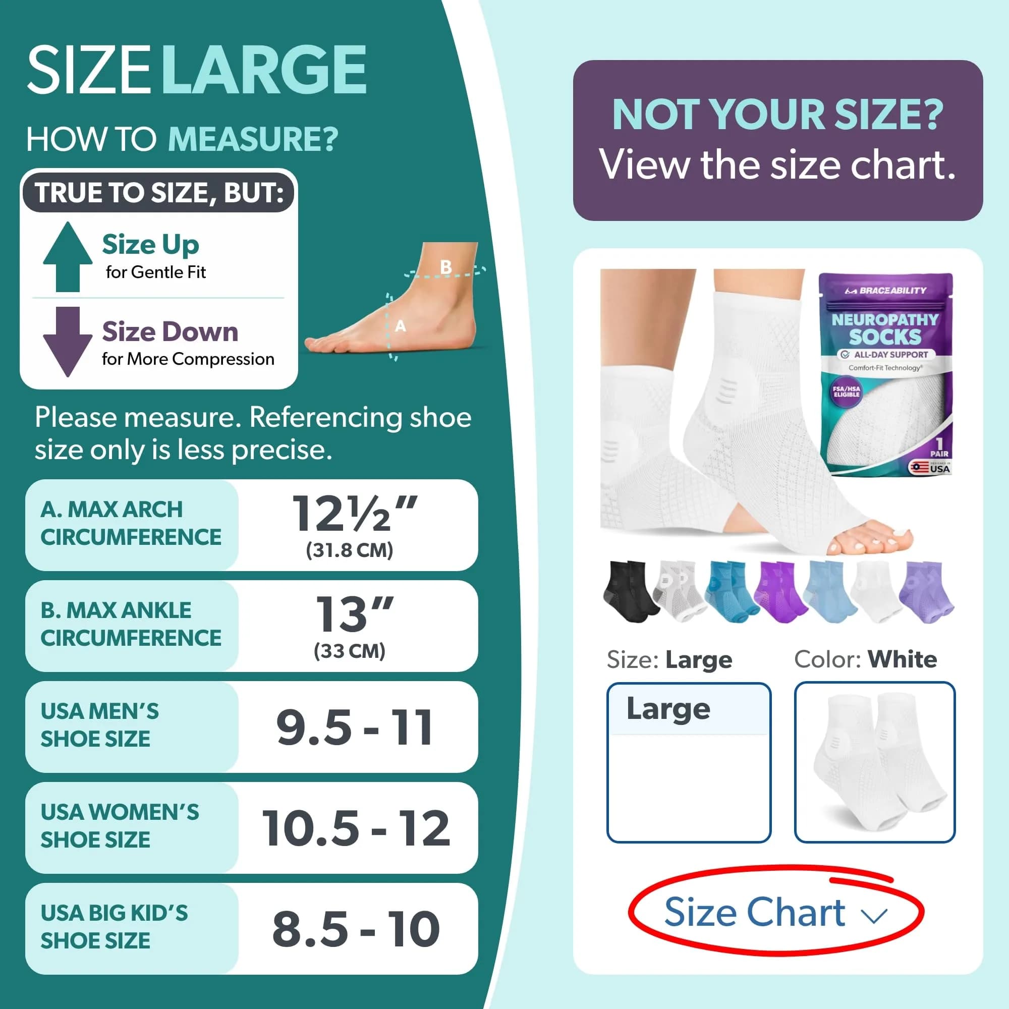 BraceAbility Large White Neuropathy Socks - 1 Pair | FDA Approved Medical Compression for Nerve Pain - view 2
