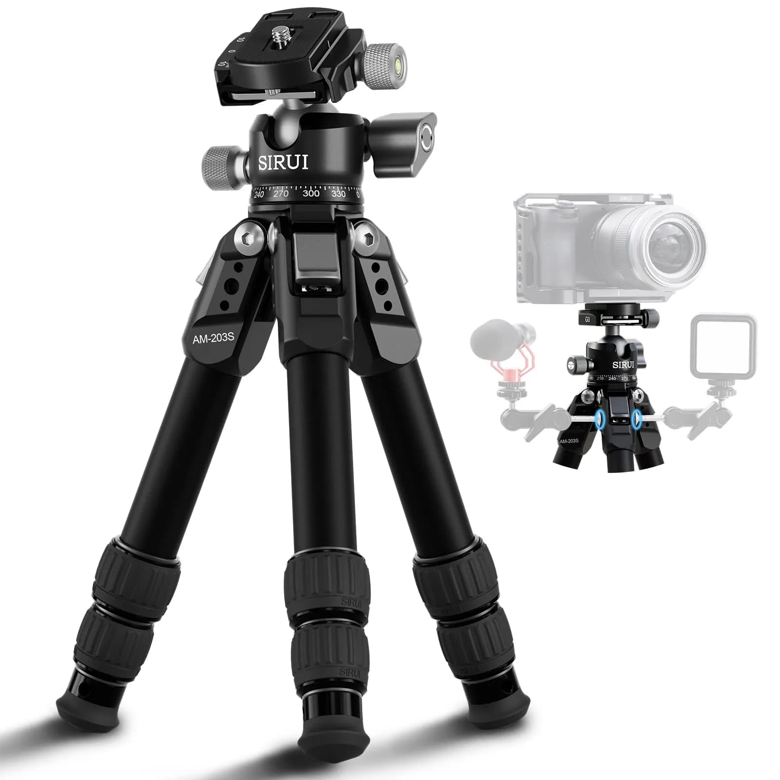 Sirui AM-203S+G0 Aluminum Desktop Tripod with Ball Head | 15kg (33lbs) Load Capacity, 42.5cm (16.7") Max Height - main product image