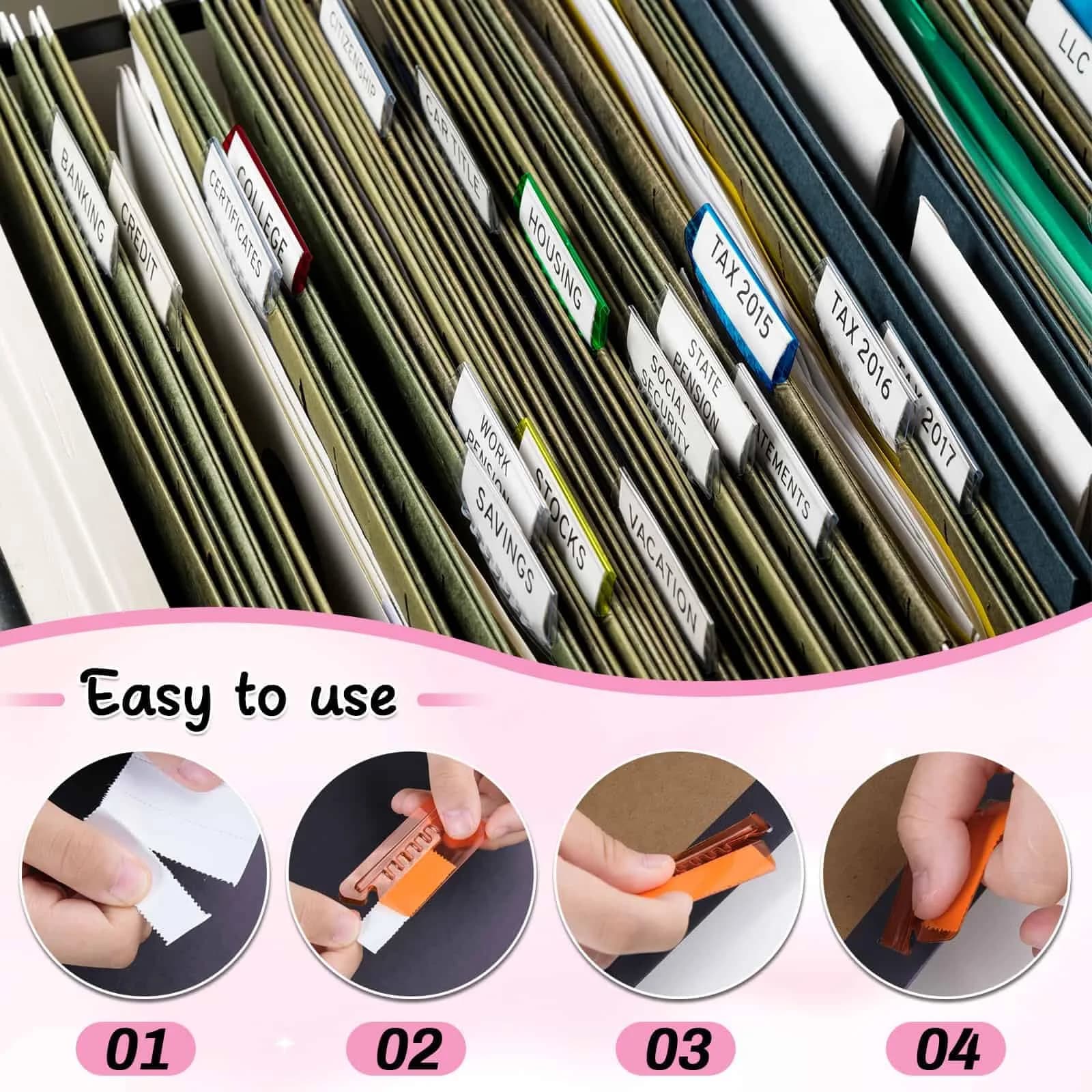 Selizo Hanging File Folder Tabs & Inserts 2" Wide, Multicolor | 100 Sets for Easy Organization - view 6