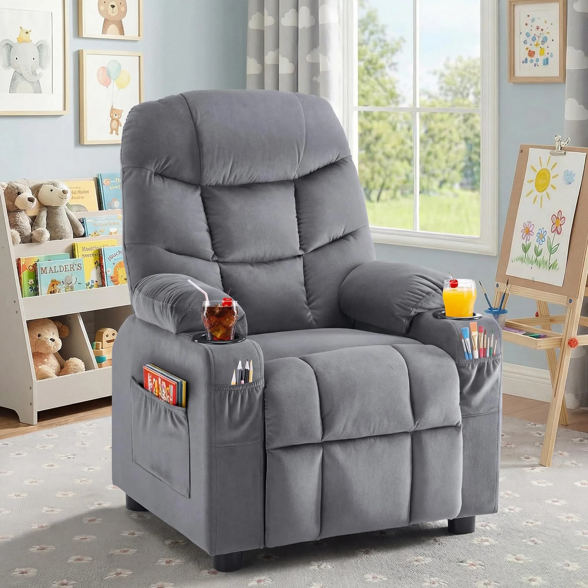 SNUGWAY Kids Recliner Chair Velvet Reclining Toddler Push Back Big Sofa Ages 3-12 | Ergonomic & Durable — Royal Blue