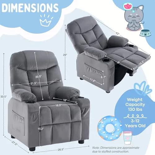 SNUGWAY Kids Recliner Chair Velvet Reclining Toddler Push Back Big Sofa Ages 3-12 | Ergonomic & Durable thumbnail 5
