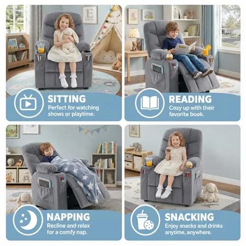 SNUGWAY Kids Recliner Chair Velvet Reclining Toddler Push Back Big Sofa Ages 3-12 | Ergonomic & Durable thumbnail 6