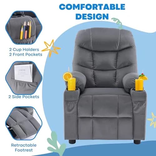 SNUGWAY Kids Recliner Chair Velvet Reclining Toddler Push Back Big Sofa Ages 3-12 | Ergonomic & Durable thumbnail 8