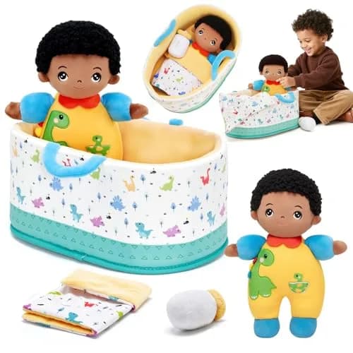 OUOZZZ Soft Black Baby Boy Doll with Bassinet & Accessories, 10-Inch Plush Figure for Toddlers | Educational & Safe Play - main product image