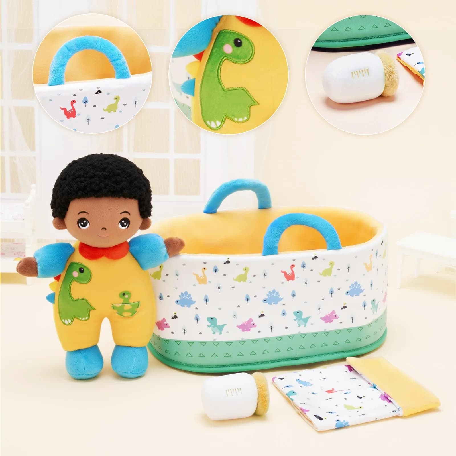 OUOZZZ Soft Black Baby Boy Doll with Bassinet & Accessories, 10-Inch Plush Figure for Toddlers | Educational & Safe Play - view 3