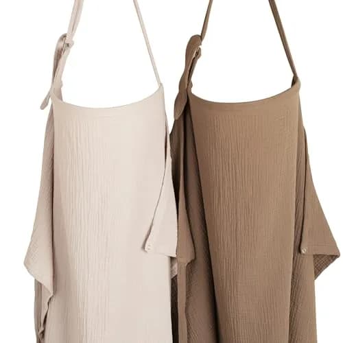 Konssy 2-Pack Muslin Nursing Cover Up with Rigid Hoop | 100% Cotton, Breathable, Adjustable Strap — Cream, Brown