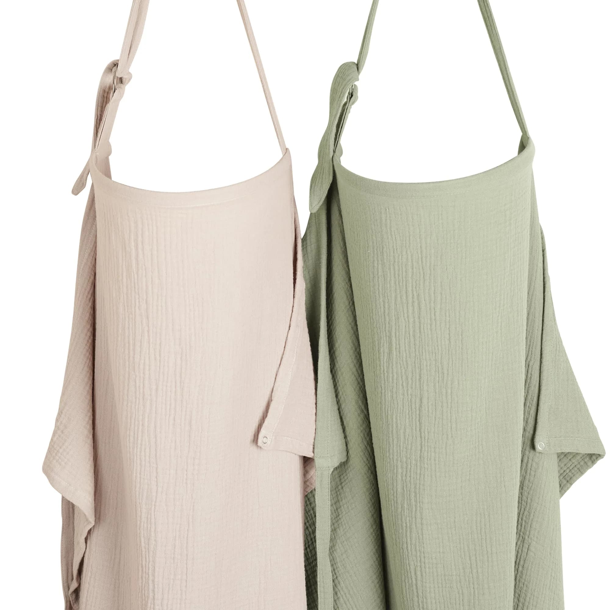 Konssy 2-Pack Muslin Nursing Cover Up Fog Green, Cream | 100% Cotton Breathable with Rigid Hoop