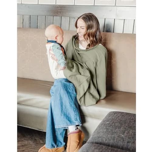 Konssy 2-Pack Muslin Nursing Cover Up Fog Green, Cream | 100% Cotton Breathable with Rigid Hoop thumbnail 8