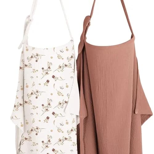 Konssy 2-Pack Muslin Nursing Cover Up with Rigid Hoop | 100% Cotton, Breathable, Adjustable Fit — Chestnut, Posy