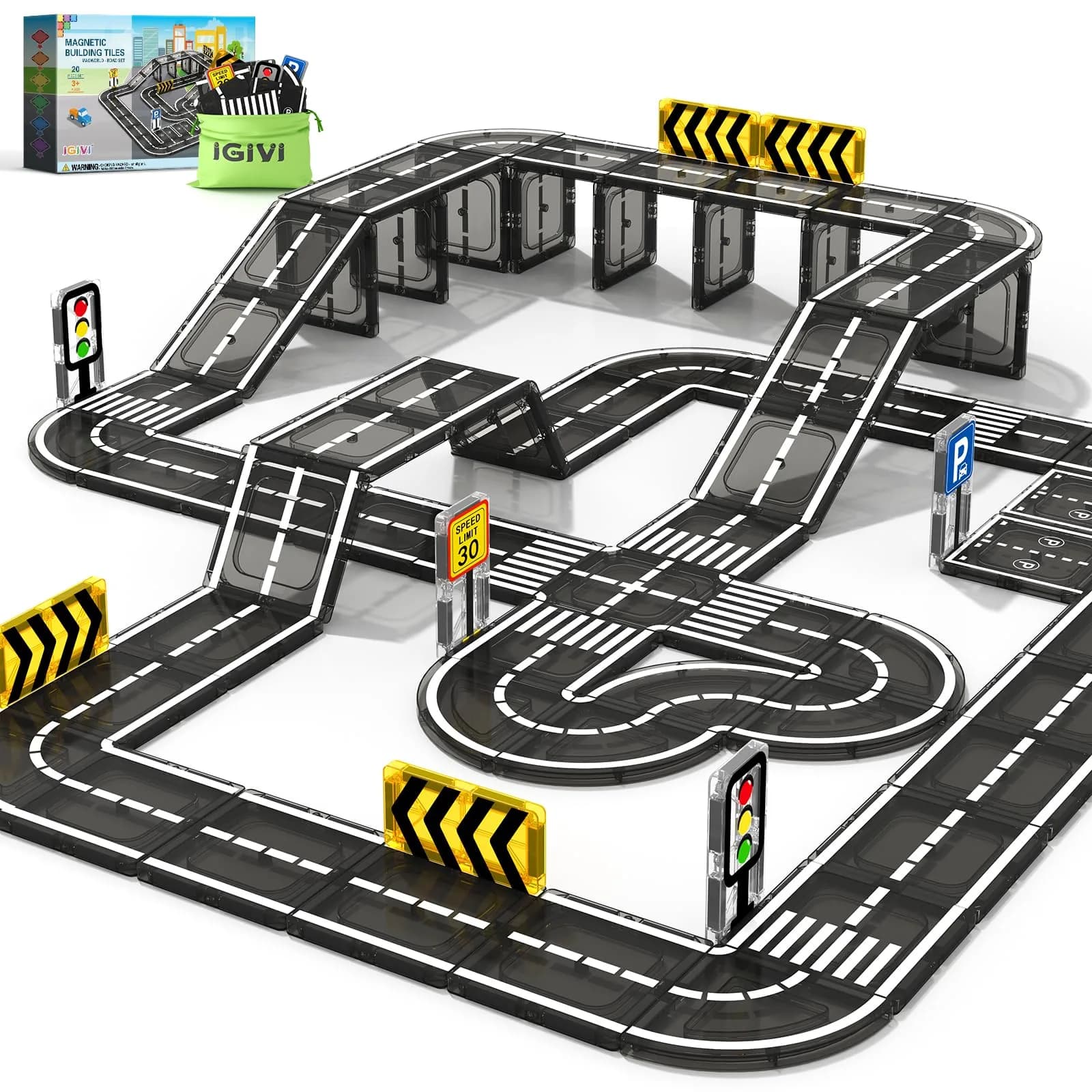 IGIVI Magnetic Tiles Road Set for Kids 3-5 | STEM Building Blocks, 20 Pieces, Safe & Compatible