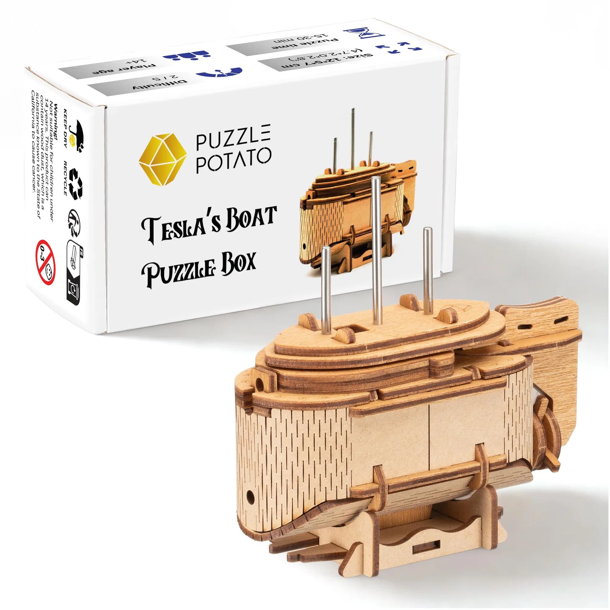 PUZZLE POTATO Tesla's Boat Wooden Escape Room Puzzle Box for Adults | Mechanical Brain Teaser with Hidden Compartments — Tesla's Boat