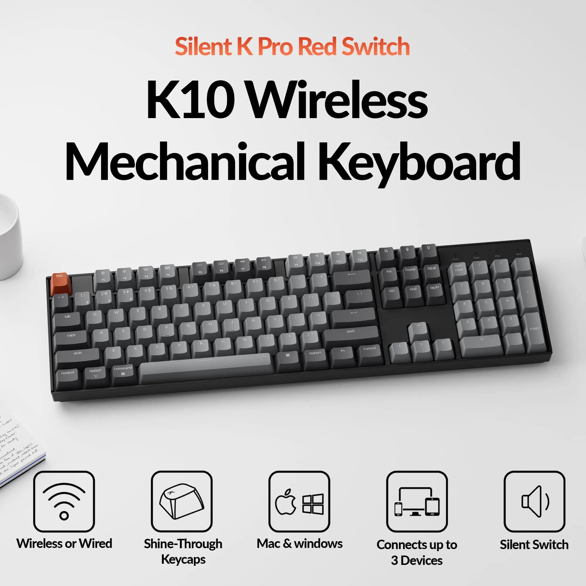 Keychron K10 Full Size Mechanical Keyboard with Keychron Silent K Pro Red Switches & White LED - view 2